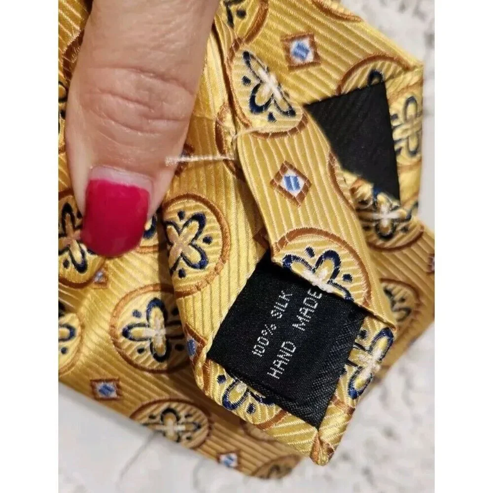 CM Gold Series Tie X Long Length Silk Geometric Floral Yellow Gold Church Formal